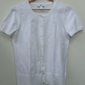 LOFT white short sleeve button up sweater cardigan with floral embroidery Size M